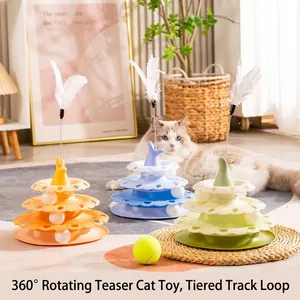 Giocattolo Interattivo per Gatti a 3 Livelli con Piuma e Bacchetta Palline Rotanti in Plastica Puzzle per Animali Domestici