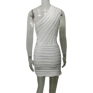 Sexy white one-shoulder cutout ribbed knit bodycon mini dress for summer fashion