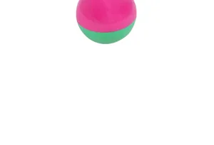 Close-up detail of a pink and green spherical tumbler cat toy on white background