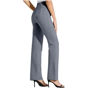 Detailed back view of elegant grey straight-leg yoga pants for women in professional fit