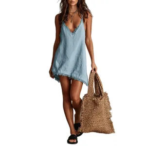 Light blue V-neck camisole mini dress with frayed hem for resort and vacation wear.