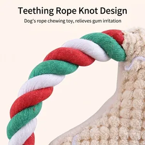 Festive Christmas plush dog toy featuring a red green and white twisted rope knot