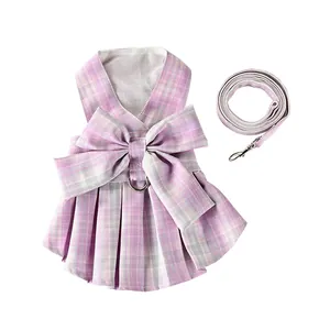 Purple plaid pet harness skirt with matching leash, cute bow vest dress for cats and dogs.