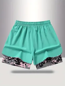 Women's turquoise 2-in-1 sports shorts featuring a digital camouflage inner lining
