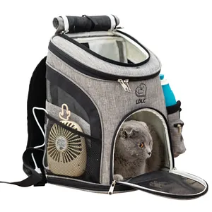 Large grey pet carrier backpack featuring breathable mesh and side storage for cat travel
