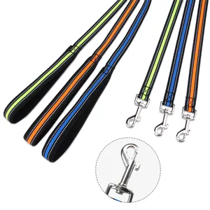 Macro detail of reflective pet leash with heavy duty metal clip and padded handle