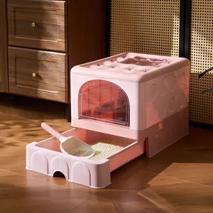 Gran arenero para gatos plegable y cerrado rosa con cajón y pala para el cuidado de mascotas