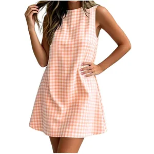 Summer orange plaid sleeveless dress featuring a classic round neck and a casual A-line cut