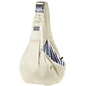 Beige breathable pet sling carrier bag for small dogs and cats with checkered lining
