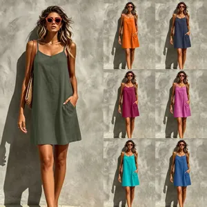 Damen Casual V-Ausschnitt Ärmelloses Camisole Kleid Einfarbig Polyester Midi Kleid Mit Taschen Sommerurlaub Strand Kleid