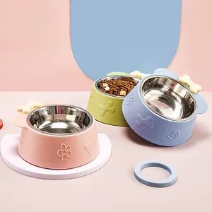 Set of three stainless steel pet bowls with cute pastel colors and decorative bow-knot designs