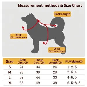 Size chart and measurement guide for dog Halloween skeleton costume from S to XL