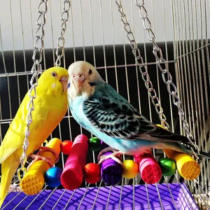 Colorful wooden hanging parrot swing chewing toy with metal chains for bird cages