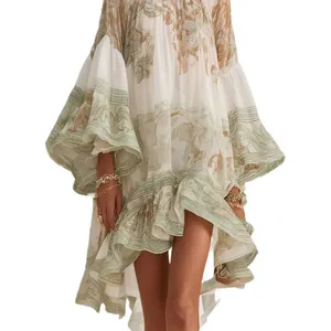 Elegant bohemian printed mini dress with flared bell sleeves and ruffled hem for vacation