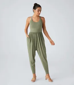 Stylish olive green sleeveless jumpsuit for women with a gathered waist and harem fit