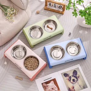 Elevated double pet bowls in pastel pink, blue, and green for cats and dogs food