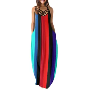 Summer sleeveless maxi dress featuring vibrant colorful stripes and halter neck detail.