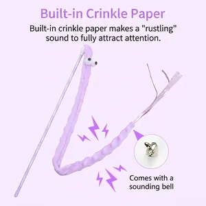 Lavender cat teaser wand toy with crinkle paper and bell for interactive play