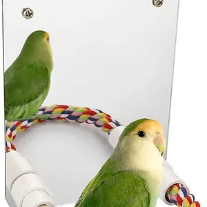 Parrot Bird Toy Acrylic Mirror With Colored Braided Cotton Rope Perch Stand Bell For Parrots Cockatiels Lovebirds Cage Accessories