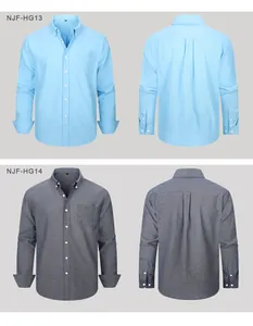 Men's long-sleeve Oxford shirts in light blue and grey showing front and back views.