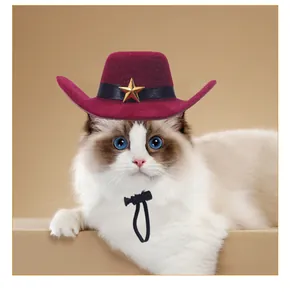 Burgundy suede pet cowboy hat featuring a gold star ornament for small cats and dogs