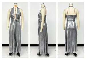 Detailed three-view display of metallic silver sexy deep V neck floor-length halter dress