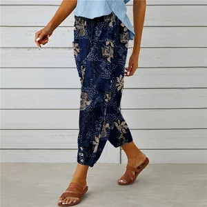 Detail view of retro patterned cotton linen joggers for women with elastic cuffs