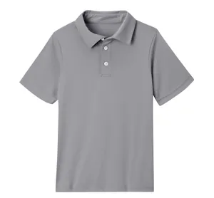 Detailed view of a classic plain gray children's short-sleeved polo shirt with white buttons