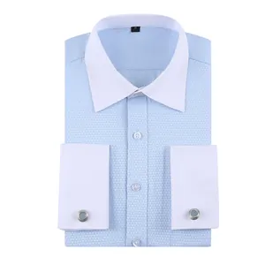 Men's light blue French dress shirt with white contrast collar and metal cufflinks