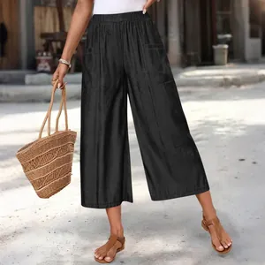 Detailed view of black wide-leg culottes with elastic waistband and large pockets