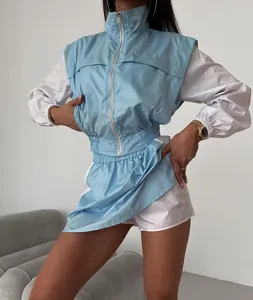Chic light blue and white color-block two-piece sports set with zip jacket and skirt