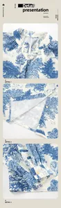 Detailed view of Chinese-style stand collar shirt with blue landscape print and lantern sleeves.