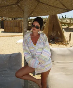 Comfortable multicolored striped hooded knit cardigan jacket for beach vacation style