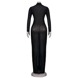 Elegant black sheer mesh long sleeve bodycon maxi dress for women nightclub party