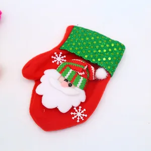 Red Christmas mitten decoration with Santa Claus motif and green sequined cuff, festive bag