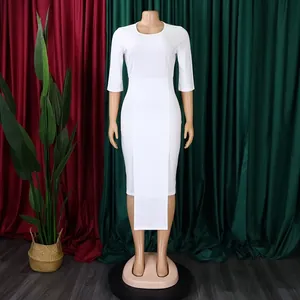 Elegant white bodycon midi dress with half sleeves perfect for professional office wear.