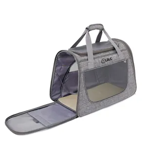 Breathable gray fabric cat carrier bag featuring mesh windows and durable top carrying handles