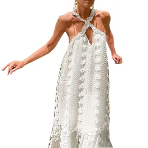 Elegant white halter neck maxi dress with 3D floral embroidery and ruffled tiered hem