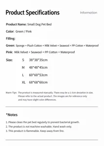 Comprehensive size chart and specifications for winter enclosed puppy tent nest and pet bed