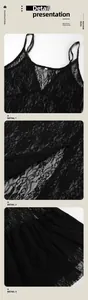 Detailed view of the black floral lace fabric and delicate V-neckline stitching detail.