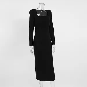 Elegant French style black midi dress with a square neckline and slim-fit long sleeves