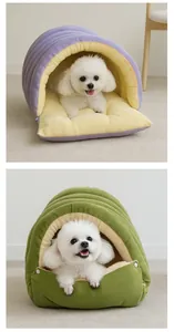 Close-up of purple and green corduroy pet beds with soft plush interior for cats and dogs.