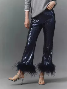 Glamorous dark navy sequin flared pants featuring exquisite feather trim for elegant parties