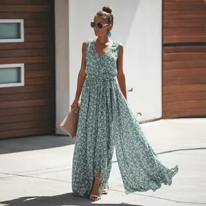 Bohemian green floral maxi dress featuring a high split and sleeveless V-neck design