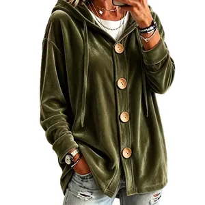 Sweat-shirt à capuche décontracté en velours boutonné avec cordon de serrage vert olive