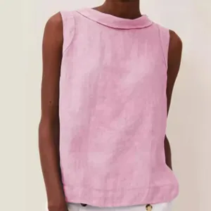 Elegant pink cotton linen sleeveless blouse with round neckline for summer casual style wear