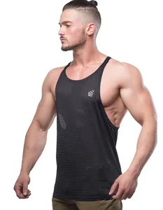 Close-up detail of a black breathable mesh tank top for men's fitness and athletic training