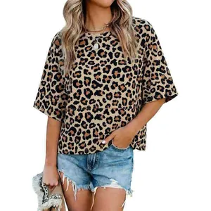 Women's summer leopard print t-shirt with loose fit flare sleeves and round neck