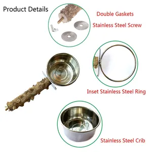 Detail of stainless steel bird food cup and Zanthoxylum wood perch with assembly screws