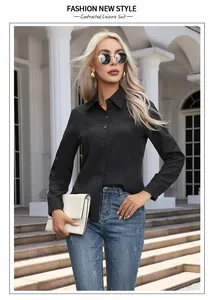 Elegant black button-up long sleeve shirt for women casual fashion outfit look
